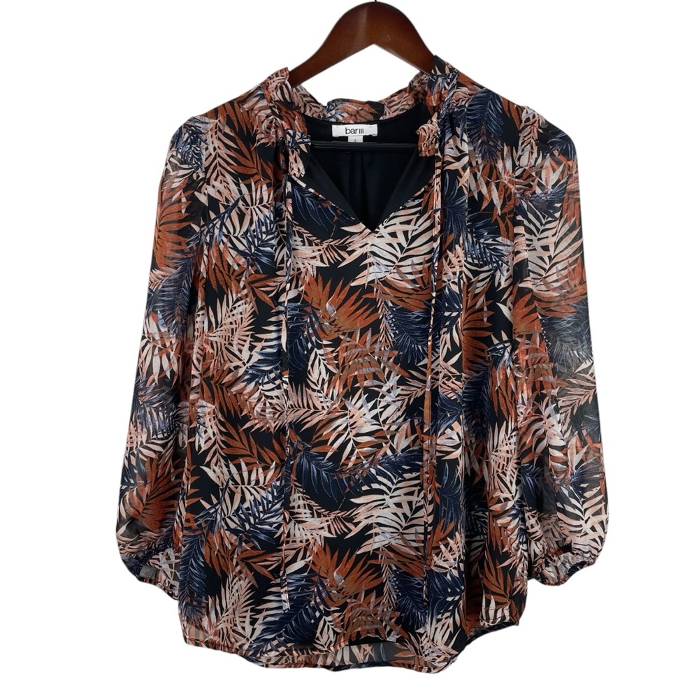 Bar III | Tan Black Palm Print Tie Front Top